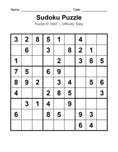 Puzzle #0007. Level: Easy. Number Sudoku Puzzle. Free printable easy Sudoku puzzle for kids, adults, seniors, beginners, classrooms, homeschooling, and brain-training activities. Download in PDF or PNG format with a complete answer key included.