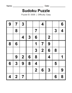 Puzzle #0008. Level: Easy. Printable Sudoku Logic Puzzle. Free printable easy Sudoku puzzle for kids, adults, seniors, beginners, classrooms, homeschooling, and brain-training activities. Download in PDF or PNG format with a complete answer key included.