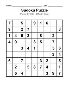 Puzzle #0009. Level: Easy. Brain Training Sudoku Puzzle. Free printable easy Sudoku puzzle for kids, adults, seniors, beginners, classrooms, homeschooling, and brain-training activities. Download in PDF or PNG format with a complete answer key included.