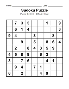 Puzzle #0010. Level: Easy. Family-Friendly Sudoku Puzzle. Free printable easy Sudoku puzzle for kids, adults, seniors, beginners, classrooms, homeschooling, and brain-training activities. Download in PDF or PNG format with a complete answer key included.