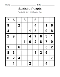 Puzzle #0011. Level: Easy. Relaxing Sudoku Puzzle. Free printable easy Sudoku puzzle for kids, adults, seniors, beginners, classrooms, homeschooling, and brain-training activities. Download in PDF or PNG format with a complete answer key included.