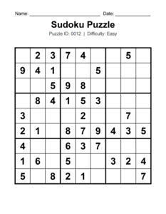 Puzzle #0012. Level: Easy. Printable Sudoku Number Puzzle. Free printable easy Sudoku puzzle for kids, adults, seniors, beginners, classrooms, homeschooling, and brain-training activities. Download in PDF or PNG format with a complete answer key included.