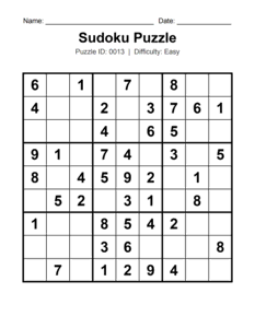 Puzzle #0013. Level: Easy. Printable Sudoku Logic Puzzle. Free printable easy Sudoku puzzle for kids, adults, seniors, beginners, classrooms, homeschooling, and brain-training activities. Download in PDF or PNG format with a complete answer key included.