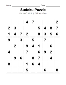 Puzzle #0016. Level: Easy. Fun Sudoku Brain Teaser. Free printable easy Sudoku puzzle for kids, adults, seniors, beginners, classrooms, homeschooling, and brain-training activities. Download in PDF or PNG format with a complete answer key included.