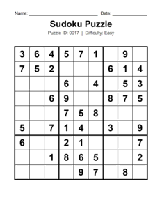 Puzzle #0017. Level: Easy. Sudoku Puzzle for Beginners. Free printable easy Sudoku puzzle for kids, adults, seniors, beginners, classrooms, homeschooling, and brain-training activities. Download in PDF or PNG format with a complete answer key included.