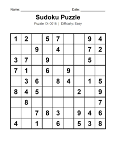 Puzzle #0018. Level: Easy. Fun Sudoku Puzzle. Free printable easy Sudoku puzzle for kids, adults, seniors, beginners, classrooms, homeschooling, and brain-training activities. Download in PDF or PNG format with a complete answer key included.