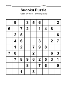 Puzzle #0019. Level: Easy. Printable Sudoku Brain Game. Free printable easy Sudoku puzzle for kids, adults, seniors, beginners, classrooms, homeschooling, and brain-training activities. Download in PDF or PNG format with a complete answer key included.