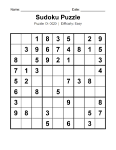 Puzzle #0020. Level: Easy. Easy Sudoku Worksheet. Free printable easy Sudoku puzzle for kids, adults, seniors, beginners, classrooms, homeschooling, and brain-training activities. Download in PDF or PNG format with a complete answer key included.