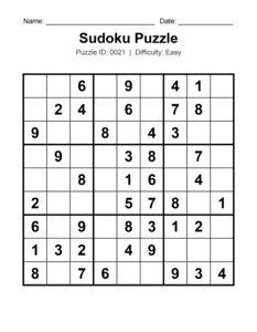 Puzzle #0021. Level: Easy. Easy Sudoku Challenge. Free printable easy Sudoku puzzle for kids, adults, seniors, beginners, classrooms, homeschooling, and brain-training activities. Download in PDF or PNG format with a complete answer key included.