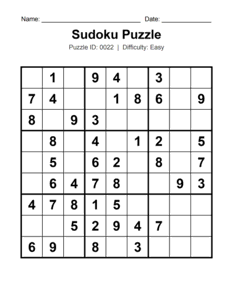 Puzzle #0022. Level: Easy. Beginner Sudoku Puzzle. Free printable easy Sudoku puzzle for kids, adults, seniors, beginners, classrooms, homeschooling, and brain-training activities. Download in PDF or PNG format with a complete answer key included.