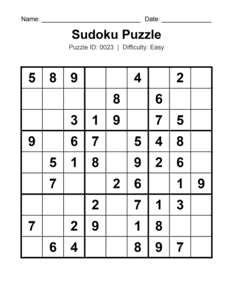 Puzzle #0023. Level: Easy. Printable Easy Sudoku. Free printable easy Sudoku puzzle for kids, adults, seniors, beginners, classrooms, homeschooling, and brain-training activities. Download in PDF or PNG format with a complete answer key included.