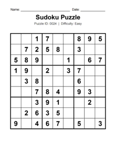 Puzzle #0024. Level: Easy. Daily Sudoku Puzzle. Free printable easy Sudoku puzzle for kids, adults, seniors, beginners, classrooms, homeschooling, and brain-training activities. Download in PDF or PNG format with a complete answer key included.