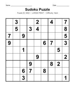 Puzzle #0002. Level: Hard. Print Size: Large Print. Free Printable Sudoku Puzzle. Free printable hard large print Sudoku puzzle for adults, seniors, classrooms, homeschooling, and brain-training activities. Download in PDF or PNG format with a complete answer key included.