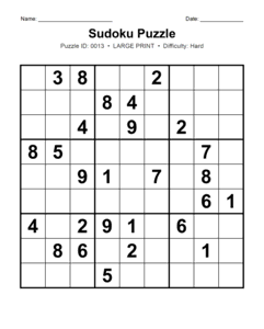 Puzzle #0013. Level: Hard. Print Size: Large Print. Printable Sudoku Logic Puzzle. Free printable hard large print Sudoku puzzle for adults, seniors, classrooms, homeschooling, and brain-training activities. Download in PDF or PNG format with a complete answer key included.