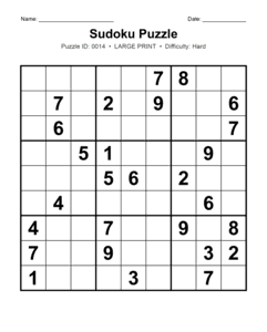 Puzzle #0014. Level: Hard. Print Size: Large Print. Brain Training Sudoku Puzzle. Free printable hard large print Sudoku puzzle for adults, seniors, classrooms, homeschooling, and brain-training activities. Download in PDF or PNG format with a complete answer key included.