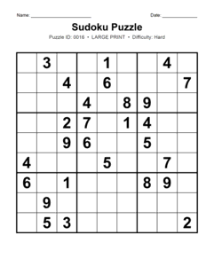 Puzzle #0016. Level: Hard. Print Size: Large Print. Fun Sudoku Brain Teaser. Free printable hard large print Sudoku puzzle for adults, seniors, classrooms, homeschooling, and brain-training activities. Download in PDF or PNG format with a complete answer key included.