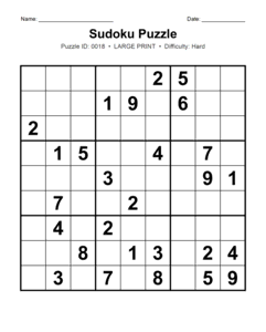 Puzzle #0018. Level: Hard. Print Size: Large Print. Fun Sudoku Puzzle. Free printable hard large print Sudoku puzzle for adults, seniors, classrooms, homeschooling, and brain-training activities. Download in PDF or PNG format with a complete answer key included.