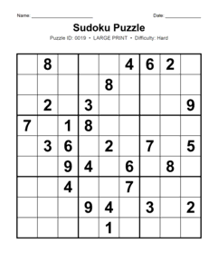 Puzzle #0019. Level: Hard. Print Size: Large Print. Printable Sudoku Brain Game. Free printable hard large print Sudoku puzzle for adults, seniors, classrooms, homeschooling, and brain-training activities. Download in PDF or PNG format with a complete answer key included.