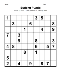 Puzzle #0020. Level: Hard. Print Size: Large Print. Hard Sudoku Worksheet. Free printable hard large print Sudoku puzzle for adults, seniors, classrooms, homeschooling, and brain-training activities. Download in PDF or PNG format with a complete answer key included.