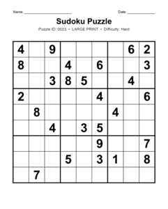Puzzle #0023. Level: Hard. Print Size: Large Print. Printable Hard Sudoku Puzzle. Free printable hard large print Sudoku puzzle for adults, seniors, classrooms, homeschooling, and brain-training activities. Download in PDF or PNG format with a complete answer key included.