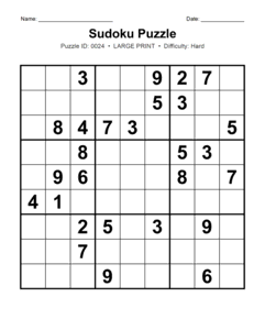 Puzzle #0024. Level: Hard. Print Size: Large Print. Daily Hard Sudoku Puzzle. Free printable hard large print Sudoku puzzle for adults, seniors, classrooms, homeschooling, and brain-training activities. Download in PDF or PNG format with a complete answer key included.