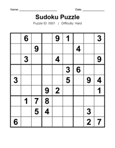 Puzzle #0001. Level: Hard. Printable Sudoku Puzzle. Free printable hard Sudoku puzzles for adults, seniors, classrooms, homeschooling, and brain-training activities. Download in PDF or PNG format with an answer key.