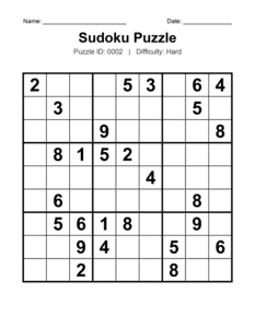Puzzle #0002. Level: Hard. Free Printable Sudoku Puzzle. Free printable hard Sudoku puzzles for adults, seniors, classrooms, homeschooling, and brain-training activities. Download in PDF or PNG format with an answer key.