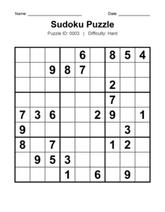 Puzzle #0003. Level: Hard. Challenging Sudoku Puzzle. Free printable hard Sudoku puzzles for adults, seniors, classrooms, homeschooling, and brain-training activities. Download in PDF or PNG format with an answer key.