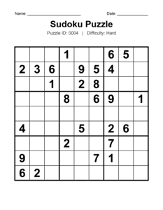 Puzzle #0004. Level: Hard. Classic Sudoku Puzzle. Free printable hard Sudoku puzzles for adults, seniors, classrooms, homeschooling, and brain-training activities. Download in PDF or PNG format with an answer key.