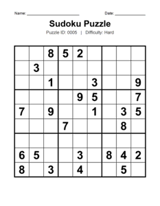 Puzzle #0005. Level: Hard. Fun Sudoku Challenge. Free printable hard Sudoku puzzles for adults, seniors, classrooms, homeschooling, and brain-training activities. Download in PDF or PNG format with an answer key.