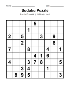 Puzzle #0006. Level: Hard. Logic Sudoku Puzzle. Free printable hard Sudoku puzzles for adults, seniors, classrooms, homeschooling, and brain-training activities. Download in PDF or PNG format with an answer key.
