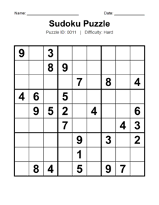 Puzzle #0011. Level: Hard. Difficult Sudoku Puzzle. Free printable hard Sudoku puzzles for adults, seniors, classrooms, homeschooling, and brain-training activities. Download in PDF or PNG format with an answer key.