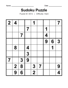 Puzzle #0013. Level: Hard. Printable Sudoku Logic Puzzle. Free printable hard Sudoku puzzles for adults, seniors, classrooms, homeschooling, and brain-training activities. Download in PDF or PNG format with an answer key.