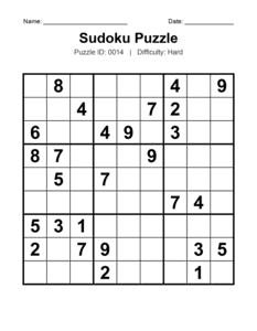 Puzzle #0014. Level: Hard. Brain Training Sudoku Puzzle. Free printable hard Sudoku puzzles for adults, seniors, classrooms, homeschooling, and brain-training activities. Download in PDF or PNG format with an answer key.