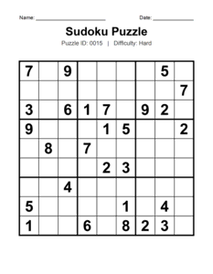 Puzzle #0015. Level: Hard. Hard Sudoku Brain Teaser. Free printable hard Sudoku puzzles for adults, seniors, classrooms, homeschooling, and brain-training activities. Download in PDF or PNG format with an answer key.