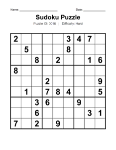 Puzzle #0016. Level: Hard. Fun Sudoku Brain Teaser. Free printable hard Sudoku puzzles for adults, seniors, classrooms, homeschooling, and brain-training activities. Download in PDF or PNG format with an answer key.