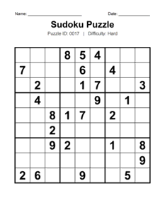 Puzzle #0017. Level: Hard. Classic Hard Sudoku Puzzle. Free printable hard Sudoku puzzles for adults, seniors, classrooms, homeschooling, and brain-training activities. Download in PDF or PNG format with an answer key.