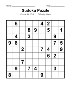 Puzzle #0018. Level: Hard. Fun Sudoku Puzzle. Free printable hard Sudoku puzzles for adults, seniors, classrooms, homeschooling, and brain-training activities. Download in PDF or PNG format with an answer key.
