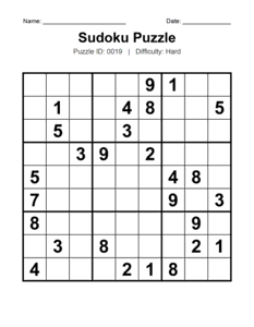 Puzzle #0019. Level: Hard. Printable Sudoku Brain Game. Free printable hard Sudoku puzzles for adults, seniors, classrooms, homeschooling, and brain-training activities. Download in PDF or PNG format with an answer key.