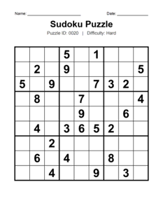 Puzzle #0020. Level: Hard. Printable Hard Sudoku Puzzle. Free printable hard Sudoku puzzles for adults, seniors, classrooms, homeschooling, and brain-training activities. Download in PDF or PNG format with an answer key.