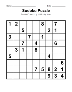 Puzzle #0021. Level: Hard. Hard Sudoku Challenge. Free printable hard Sudoku puzzles for adults, seniors, classrooms, homeschooling, and brain-training activities. Download in PDF or PNG format with an answer key.