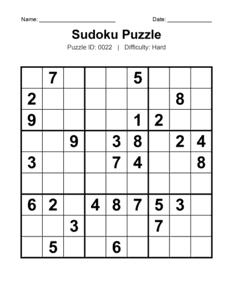 Puzzle #0022. Level: Hard. Challenging Sudoku Puzzle. Free printable hard Sudoku puzzles for adults, seniors, classrooms, homeschooling, and brain-training activities. Download in PDF or PNG format with an answer key.