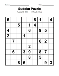 Puzzle #0023. Level: Hard. Printable Hard Sudoku. Free printable hard Sudoku puzzles for adults, seniors, classrooms, homeschooling, and brain-training activities. Download in PDF or PNG format with an answer key.