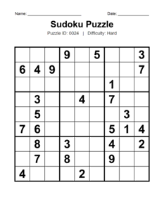Puzzle #0024. Level: Hard. Daily Sudoku Puzzle. Free printable hard Sudoku puzzles for adults, seniors, classrooms, homeschooling, and brain-training activities. Download in PDF or PNG format with an answer key.