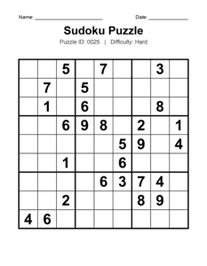 Puzzle #0025. Level: Hard. Expert Sudoku Puzzle. Free printable hard Sudoku puzzles for adults, seniors, classrooms, homeschooling, and brain-training activities. Download in PDF or PNG format with an answer key.