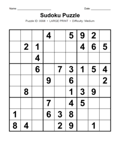Puzzle #0008. Level: Medium. Print Size: Large Print. Printable Sudoku Logic Puzzle. Free printable medium large print Sudoku puzzle for adults, seniors, classrooms, homeschooling, and brain-training activities. Download in PDF or PNG format with a complete answer key included.