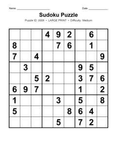 Puzzle #0009. Level: Medium. Print Size: Large Print. Brain Training Sudoku Puzzle. Free printable medium large print Sudoku puzzle for adults, seniors, classrooms, homeschooling, and brain-training activities. Download in PDF or PNG format with a complete answer key included.