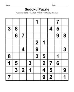 Puzzle #0012. Level: Medium. Print Size: Large Print. Printable Sudoku Number Puzzle. Free printable medium large print Sudoku puzzle for adults, seniors, classrooms, homeschooling, and brain-training activities. Download in PDF or PNG format with a complete answer key included.