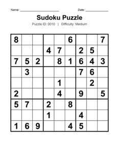 Puzzle #0010. Level: Medium. Family-Friendly Sudoku Puzzle. Free printable medium Sudoku puzzles for adults, seniors, classrooms, homeschooling, and brain-training activities. Download in PDF or PNG format with an answer key.