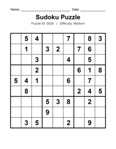 Puzzle #0026. Level: Medium. Printable Sudoku Puzzle. Free printable medium Sudoku puzzles for adults, seniors, classrooms, homeschooling, and brain-training activities. Download in PDF or PNG format with an answer key.